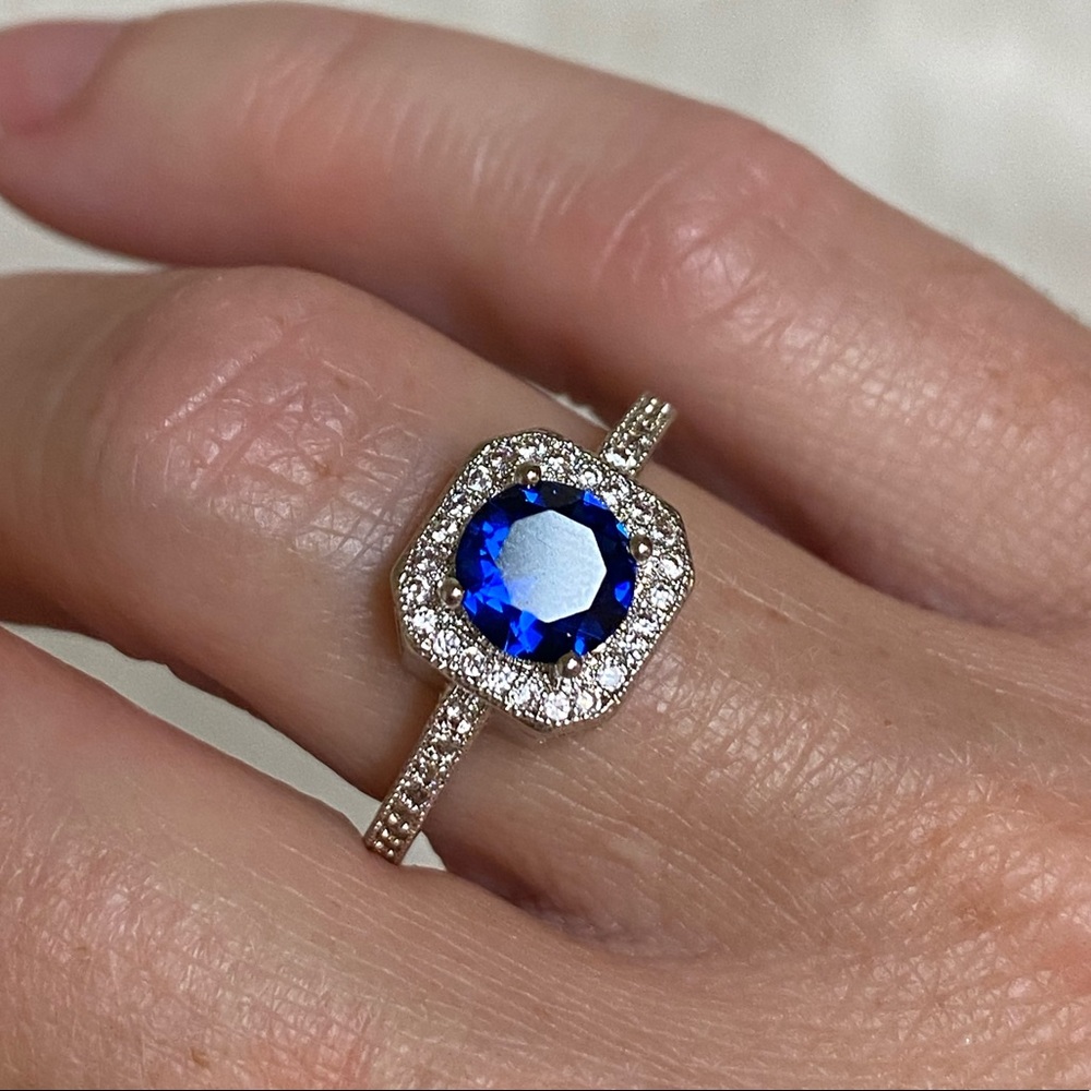 925 Sterling Silver Blue CZ Diamond Halo Ring - Picture 12 of 14